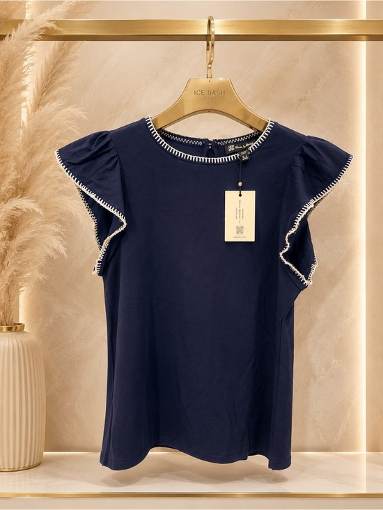 Cable & Gauge Tops - Cable & Gauge Navy Ruffle Sleeve Top with White Trim- elegant ✨